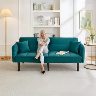 Produktbild von Schlafsofa 176x78x76 cm Gruen 2in1 Samt Wohnzimmersofa Polstersofa Sessel Verstellbar Zweisitzer Klappbare Armlehnen Schlaffunktion Polstersofa