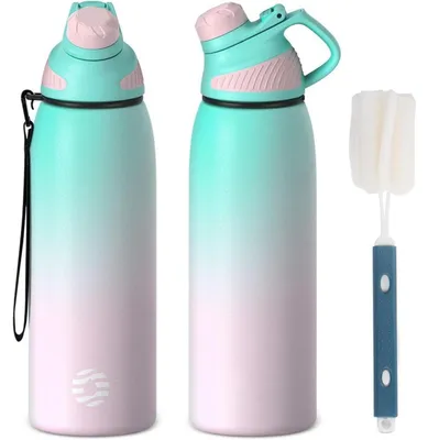 Image de Bouteille d'eau en acier inoxydable, modèle sport, avec couvercle magnétique, 800 ml, sans BPA, étanche, adaptée aux boissons gazeuses, isotherme, couleurs vert et rose