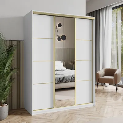 Zdjęcie produktu dla Szafa z drzwiami przesuwnymi Masseno VARO 150/205/60 cm Szafa z szufladami Szafa do sypialni 3-drzwiowa z lustrem Biała + złota