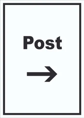 Produktbild von Post Schild mit Text und Richtungspfeil rechts Annahme Brief Paket hochkant A4 Rückseite selbstklebend