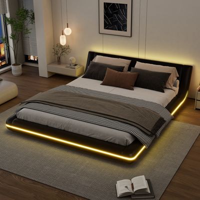 Łóżko tapicerowane Flieks 160x200cm z LED, podwójne łóżko młodzieżowe ze stelażem listwowym, klasyczne łóżko drewniane łóżko pływające łóżko podłogowe, PU, czarne