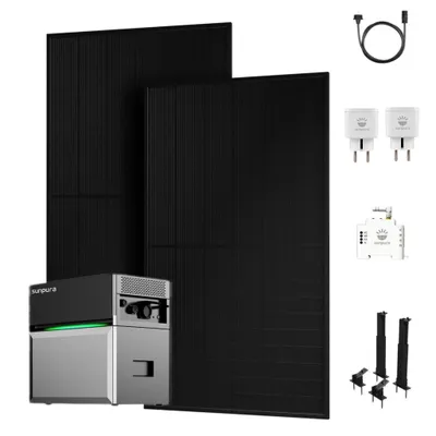 Produktbild von Balkonkraftwerk mit Speicher, Sunpura S2400 Speicher mit 1000W Solarpanel & Smart Zähler & 2x Plug, 2x Fassaden/Flachdach Halterung (0% MwSt)