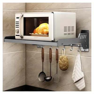 Produktbild von Mikrowellenregal mit 6 Haken, 110 lbs belastbares Wandregal aus Kohlenstoffstahl für die Küchenorganisation, 14 x 20 Zoll