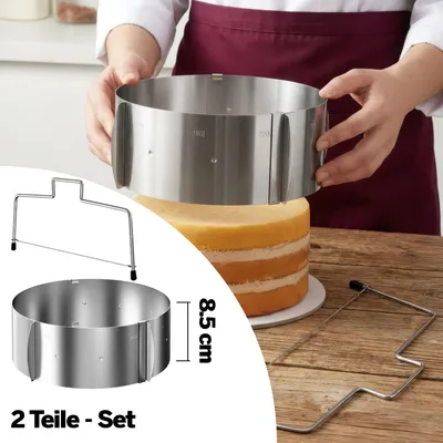 Produktbild von Aurelia Home Tortenring verstellbar 8.5 cm hoch + Tortenschneider – 2-teiliges Edelstahl Backzubehör-Set, Kuchenring Ø 16–30 cm für Schichttorten