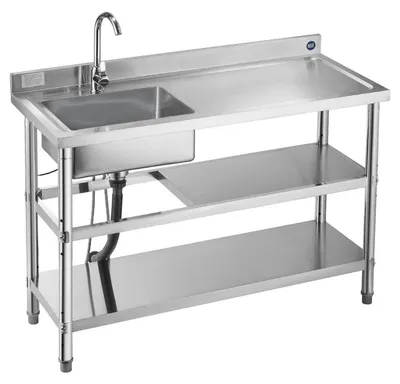 Productafbeelding van Roestvrijstalen spoelbak, vrijstaand model met één kom, geschikt voor professionele keukens, inclusief kraan en leidingen voor warm en koud water. Dubbele opbergplanken, ideaal voor garage, restaurant of wasserij. Afmetingen: 1200 x 500 x 940 mm