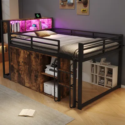 Image de Lit superposé 120 x 200 cm, lit en métal avec armoire de rangement, étagères ouvertes, éclairage LED, prise électrique européenne et échelle, couleur noire imitation bois