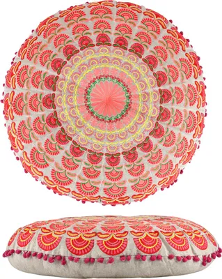 Produktbild von Marrakesch Boho Deko Bodenkissen Sitzkissen rund 60 x 15 cm mit Füllung | Meditationskissen Garet Orange aus Baumwolle bestickt mit Mandala Motiv | Boho Yogakissen als Wohnzimmer Schlafzimmer Deko