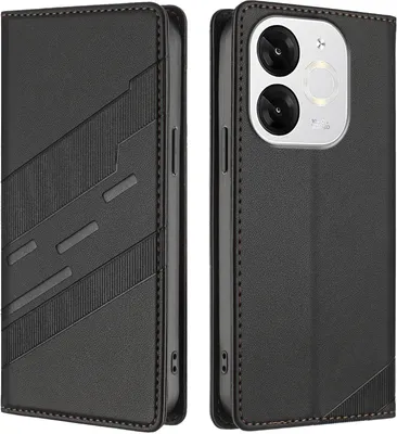 A black leather phone case is shown from two angles, one open and one closed.