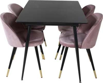 Image de SilarBLExt ensemble table, table extensible longueur cm120 / 160 noir et 4 Velvet chaises Velours rose, noir, laitonReproduction.
