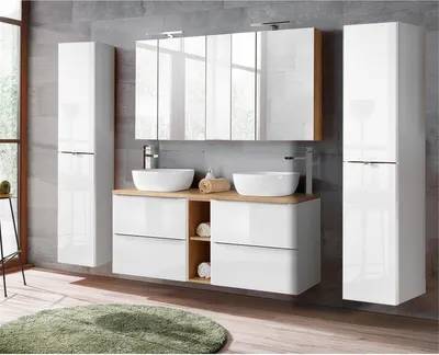 Produktbild von Badezimmermöbelset mit Doppel-Waschtisch inkl. 2 Keramik-Aufsatzbecken TOSKANA-56 Hochglanz weiß/Wotaneiche BxHxT ca. 250/190/46cm