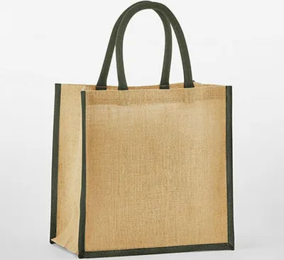 Immagine prodotto di Westford Mill W477 | Mini borsa regalo in iuta naturale inamidata - Colore: naturale/verde oliva - Dimensioni: 26 x 22 x 14 cm