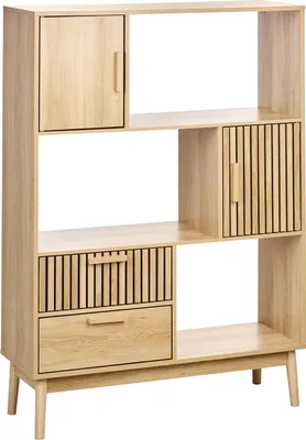 Produktbild von BELIANI Regal Hellbraun Holz u. MDF-Platte 100x35x140 cm Holzoptik Lamellen-Optik Hoch mit 2 Schubladen 2 Türen 3 Fächern Skandi Wohnzimmer Standregal