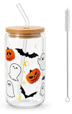 Produktbild von Trinkglas mit Deckel und Strohhalm - 500ml Fassungsvermögen - Für Bubble Tea Eiskaffee Smoothie und Matcha - Mit Halloween-Muster