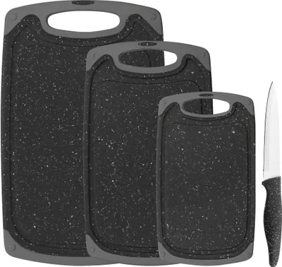 Produktbild von Schneidebrett-Set, 4-teilig, inkl. Messer, Granit-Look, grau