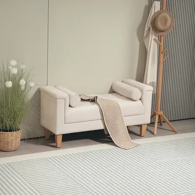 Produktbild von Polsterbank Vintage, Sitzbank mit Chenillebezug, Knopfheftung, 2 Kissen, Beige | 115 x 44 x 58 cm | 15 kg | Kautschukholzbeine
