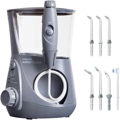 Zdjęcie produktu dla WATERPIK WP-667 Ultra Professional, szary irygator dentystyczny, 10 poziomów ciśnienia, funkcja masażu, 7 końcówek, timer 1-minutowy, technologia hydraulicznego ciśnienia