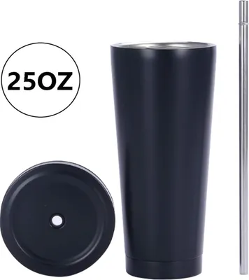Image de Tasse en acier inoxydable de 750 ml avec paille et couvercle, tasse isotherme sous vide, mug de voyage, tasse isotherme pour boissons froides ou chaudes, noir, 750 ml, acier inoxydable