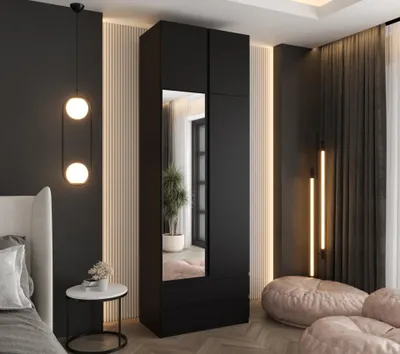 Produktbild von Drehtürenschrank 240x70x48 cm Schwarz mit Spiegel, Aufsatz und 2 Schubladen – Moderner Kleiderschrank ideal für Schlafzimmer und Flur