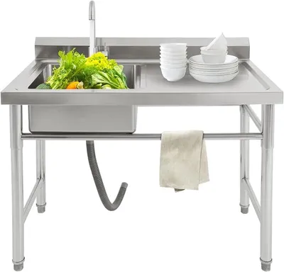 Productafbeelding van Vrijstaande spoelbak, 100x60x93 cm, roestvrijstalen spoelblad met 360° kraan. Geschikt voor gebruik buitenshuis, in de keuken, wasruimte of garage
