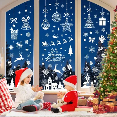 Produktbild von Selbstklebende weiße Fensterbilder für Weihnachten - Wiederverwendbare PVC Schneeflocken Fensteraufkleber mit Häusern - Winter Fensterdekoration 193