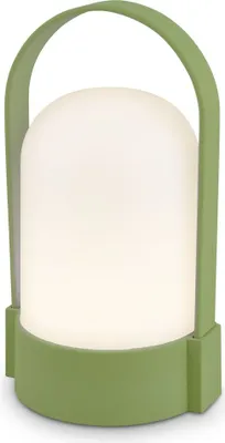 A green and white LED table lamp with a handle.