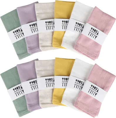 Produktbild von 12 Leinen-/Baumwollservietten 40x40 cm – 6 Farben (Mauve, Beige, Weiß, Senfgelb, Puderrosa, Grün mit weißen Punkten)