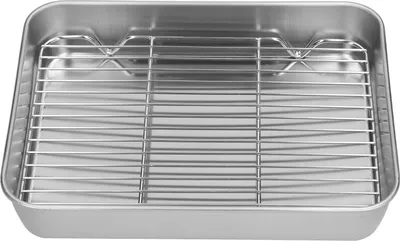 A stainless steel baking pan with a wire rack inside, shown from a top-down perspective.
