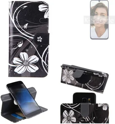 Produktbild von K-S-Trade Schutzhülle Handyhülle kompatibel mit Samsung Galaxy M21 Hülle 360° Wallet Case ''Flowers'' Klapphülle Hülle schwarz-weiß 1x