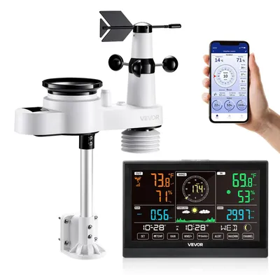 Image de Station météo WLAN VEVOR 5 en 1, écran VA 7,5 pouces, capteur extérieur alimenté par énergie solaire, centre météo pour les prévisions météorologiques, vitesse et direction du vent, température, humidité de l'air, précipitations