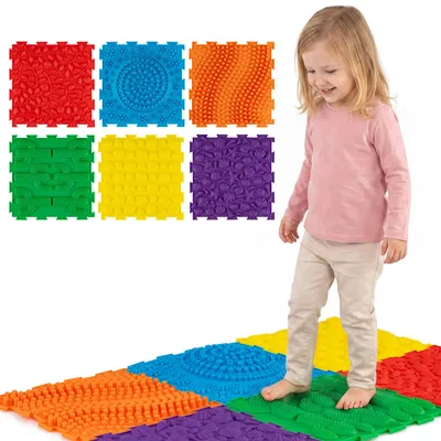 Productafbeelding van COSTWAY sensorische vloermatten, set van 6, orthopedische speelmat voor kinderen vanaf 3 jaar, modulaire puzzelmat, sensorische massagemat met verschillende patronen