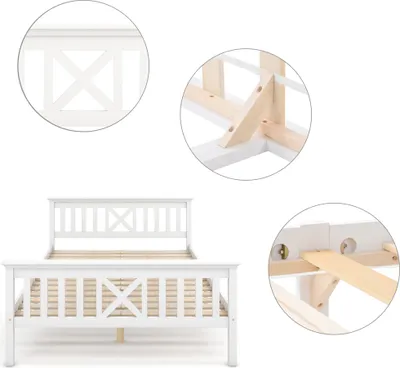 A white wooden bed frame with a slatted base, shown from the front. Insets show close-ups of the headboard design and the bed frame construction.