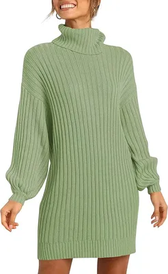 Produktbild von ASKSA Damen Rollkragen Pulloverkleid Einfarbig Laterne Ärmel Tunika Lange Winter Strickkleid, Grün, L