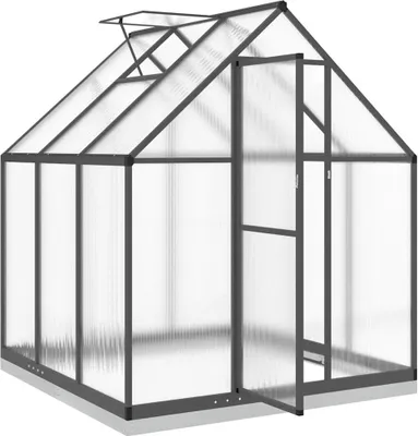 A greenhouse with a foundation frame, shown from the front with the door open.