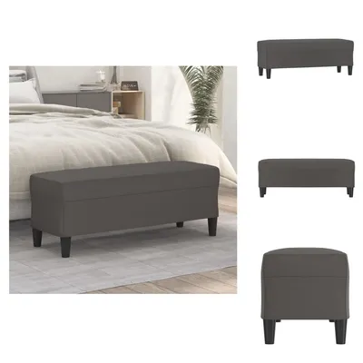 A gray upholstered bench is shown in a bedroom setting and in multiple separate views.