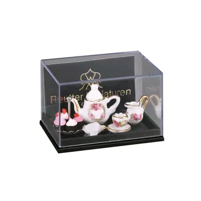 Produktbild von Porzellan Miniatur Set Teezeit mit Kuchen und Rosenband