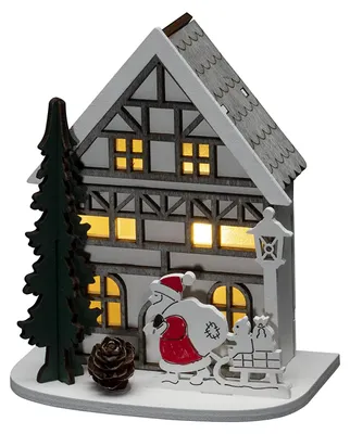 LED Holz-Silhouette Haus, weiß, batteriebetrieben, 1 warmweiße LED