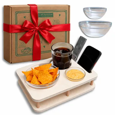Produktbild von Couchbar Snackbar in Weiß mit 2 Glasschalen - Couchbar Mini - Couch Tablett  für Snacks & Getränke [stabil & sicher] - Snackbar für Kaffeetasse