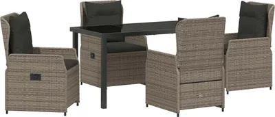 Produktbild von Garten Essgruppe, 5-teilig mit 4 verstellbaren Stühlen, Poly-Rattan Grau, Tisch mit Sicherheitsglasplatte, 160x80x73 cm, für Außenbereich