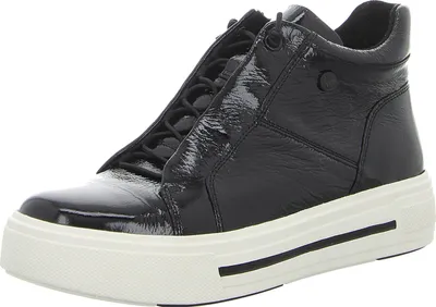 A studio shot of a black high-top sneaker with a white sole.