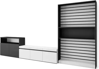 Produktbild von Wohnwand Wohnzimmer, 360x35x186cm, Für TV-Geräte bis zu 65", Wohnzimmer Möbel, Weiß und Schwarz