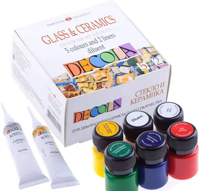 Zdjęcie produktu dla 5 + 2 + 1 Zestaw farb do porcelany Decola | 5x20ml i 2x18ml Trwała farba do szkła i ceramiki | Wysokie krycie na ciemnych powierzchniach | Made By Neva Palette