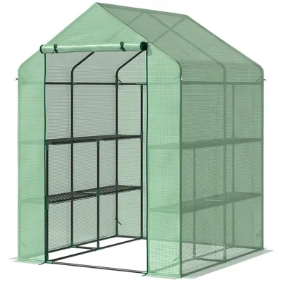 Image de Serre en plastique Outsunny avec étagère à fleurs et support pour tomates, 143 x 138 x 190 cm