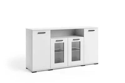 Produktbild von Kommode FINO III mit 2 Glastüren, 2 Türen und Regal, Vitrinen Sideboard mit Stauraum, Wohnzimmerschrank für Wohnzimmer und Esszimmer, Weiß