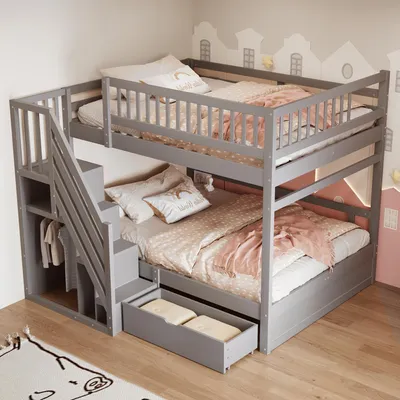 Zdjęcie produktu dla Łóżko piętrowe Sweiko z litego drewna 140x200 cm, Z wysokim pałąkiem zabezpieczającym, Z listwowym stelażem, Drabinka zabezpieczająca ze schowkiem, Z szufladami do przechowywania, Łóżko podwójne młodzieżowe, Szary