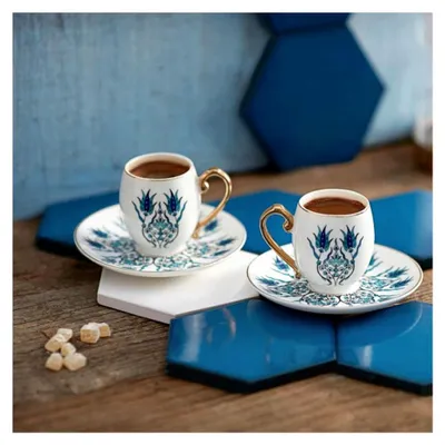 Produktbild von Iznik Kaffeeservice für 2 Personen, 2 Espressotassen und 2 Untertassen, Mochatassen-Set aus Porzellan, Cappuccino, traditionelle türkische Kaffeetassen