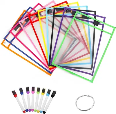 Produktbild von 10 wiederverwendbare abwischbare Taschen mit 8 farbigen Whiteboard-Markern für Klassenzimmer und Büro
