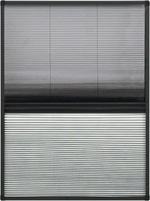 A close-up view of a window insect screen with horizontal pleats.