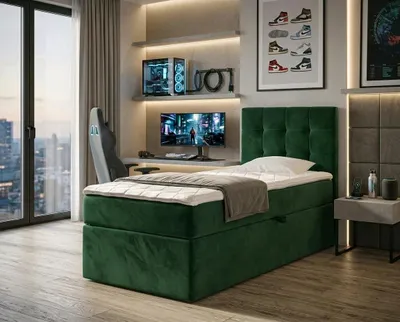 Produktbild von NORDELO Boxspringbett INCANTO 120x200 cm AMOR Velvet Flaschengrün Komplett-Set gepolstertes Einzelbett mit Stauraum, Matratze und 4 cm Visco-Topper, Bonellfederkernmatratze, T30-Schaum