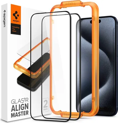 A product shot of a Spigen iPhone 15 Pro screen protector kit, including the screen protectors, an alignment tool, and the packaging.