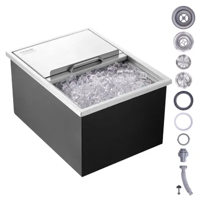 Zdjęcie produktu dla wsuwany pojemnik na lód o pojemności 55,23 l, Chłodziarka do lodu ze stali nierdzewnej o wymiarach 608 x 457 x 333 mm, Komercyjny pojemnik na lód z przesuwaną pokrywą, Wbudowany schowek na lód, Rura spustowa i korek spustowy w zestawie